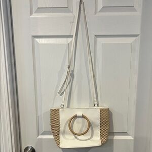 Elegant White and Tan Handbag with Wooden Ring Accent